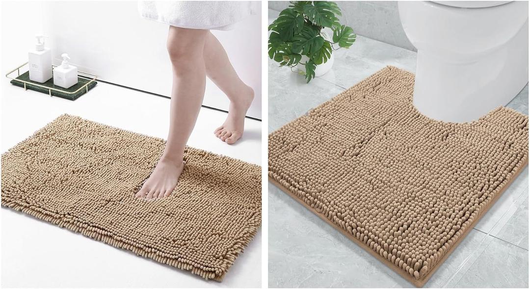 Smiry Chenille Bathroom Rugs 30x20 and U-Shaped Toilet Bath Rugs 20x20, Extra Soft and Absorbent Shaggy Bath Mat, Machine Washable, Non-Slip Plush Carpet, Beige