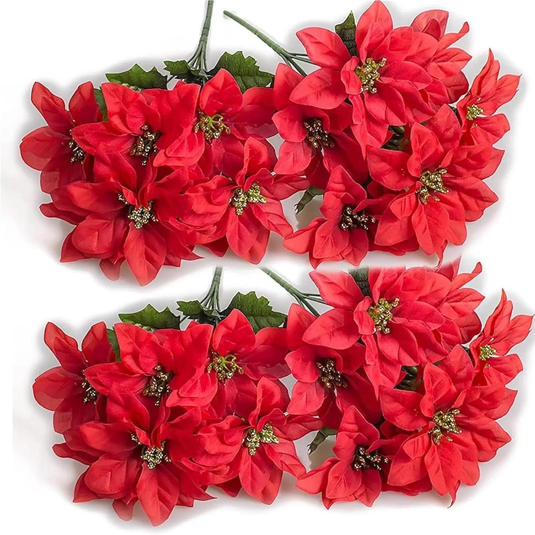 Four Artificial Silk Poinsettias, Waterproof and Colorfast, Perfect for Christmas, Home Decorations,Outdoor Garden displays(Red)