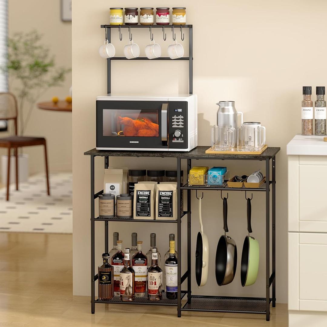 3IngSeagulls Baker's Rack for Kitchen with Storage, Microwave Stand with Adjustable Shelves, Kitchen Stand with 10 S Hooks, 6-Tier Coffee Bar Station, Storage Shelves for Spices, Pots, Gray, 34.9" L X 14.2" D X 54.2" H