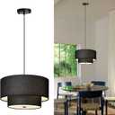 18" Drum Black Pendant Light, Large Modern Hanging Ceiling Chandelier Fixture with Dual Layer Linen Shade, Ideal for Dining Room, Living Room, Bedroom, and Kitchen