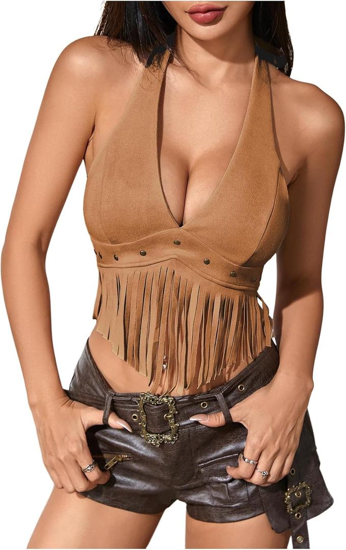 MakeMeChic Women's Fringe Rodeo Faux Suede Halter Tops Tie Backless Sleeveless Western Cowgirl Concert Outfits (Brown, XS)