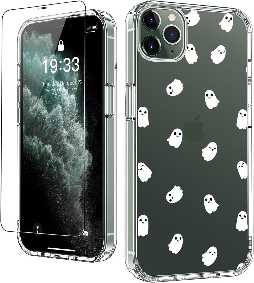 LUHOURI Designed for iPhone 11 Pro Case with Screen Protector - Crystal Acrylic Clear for Women and Girls - Slim Fit Protective Phone Cover 5.8" - Little Ghosts