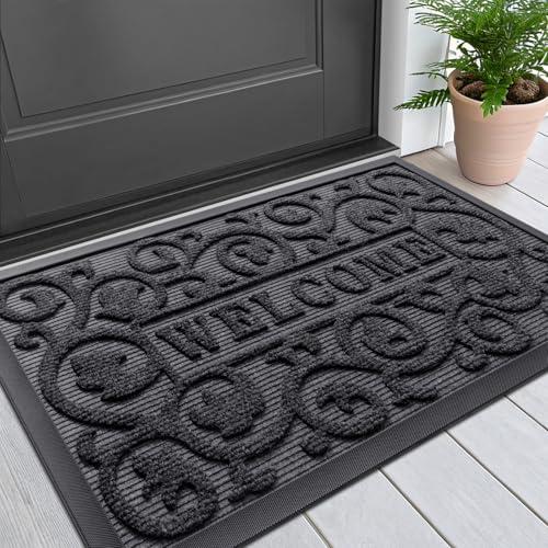 Smiry Welcome Door Mat Outside Entrance, Heavy Duty Trap Dirt and Moisture Easy Clean Low Profile Patio Porch Indoor Outdoor Front Doormat for Entry, 29.5x17 Inch, Grey, Geometric, Rectangular 