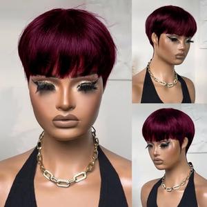 FREEKWEEN Short Pixie Cut Human Hair Wig for black women Burgundy Red Straight Human Hair Non-Lace front Wig with bangs full machine made 99J Colored Glueless Short Haircut Wig