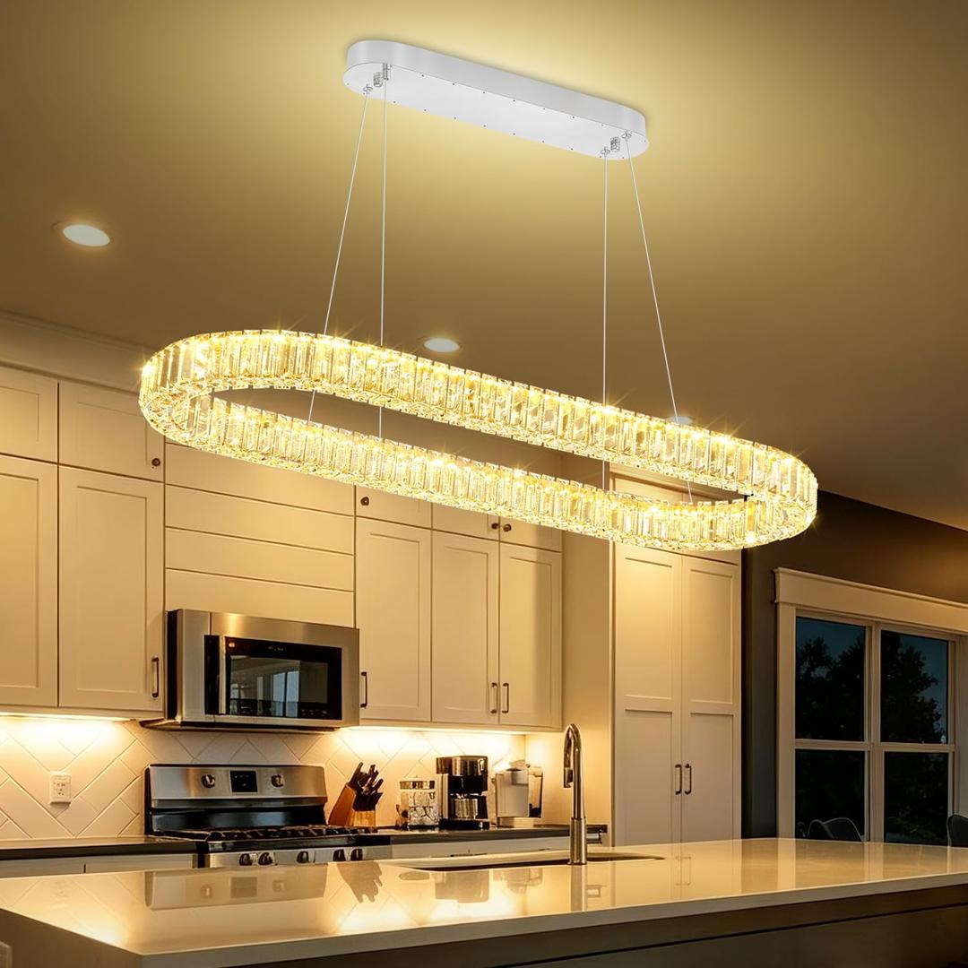 Flashing God 40inch LED Crystal Ring Chandelier Modern Linear Pendant Light Kitchen Island Oval Ring Chandeliers for Dining Room Dimmable 3000K-6000K