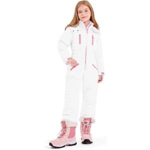 Haloumoning Kids Snow Suit Girls Hooded Waterproof Insulated One Piece Ski Suit 5-14 Years (11-12 Years, White)