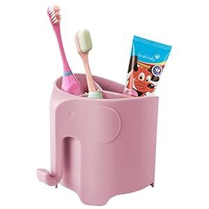 Hippywell Elephant Toothbrush Holder for Kids, Suction Cup Electric Toothbrush and Toothpaste Holder for Toddler, Easy Clean 6 Slots with Hanging Towels or Bath Ball for Bathroom Vanity, Sink（Pink）