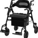 Walkers for Seniors with Seat, Extra Wide 2 in 1 Rollator Walker & Transport Chair with Reversible Backrest & Detachable Footrests, Foldable Wheelchair Combo with 8" Anti-Slip PU Wheels, Black