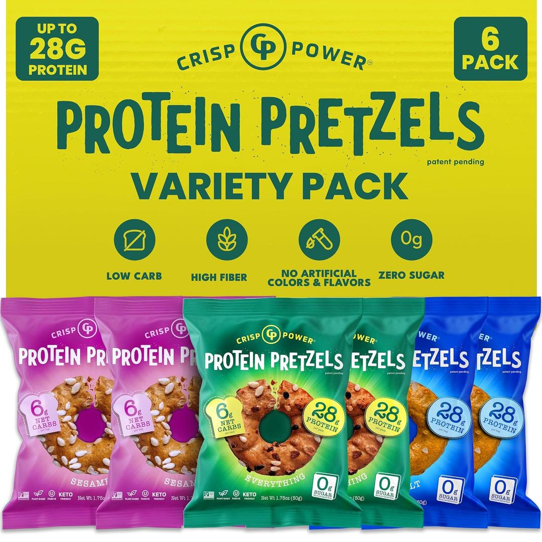 CRISP POWER Protein Pretzels, Variety Pack With Sea Salt, Sesame, & Everything, Up To 28G Protein, High Protein Snack, High Fiber, Low Carb Crunchy Pretzel Snacks, No Added Sugar, 1.75 oz Bags, 6 Pack, Vegan, Keto, BB 10-28-26