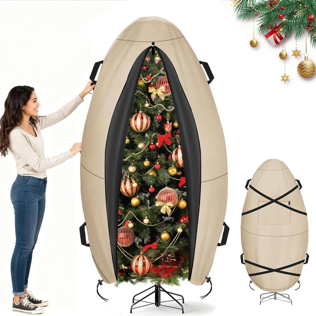 LYHNMW Upright Christmas Tree Storage Bag, 600D Oxford Xmas Christmas Tree Cover, Fits Up to 7.5 Ft Artificial Trees, Heavy-Duty Waterproof Christmas Decorations Trees with Buckle Straps