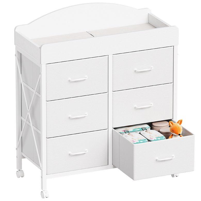 YeTom Changing Table Dresser, 6 Fabric Drawers, Mobile Storage, White | Changing Table,Waterproof Diaper pad & Safety Strap,6 fabric drawers, Wheels, Compact