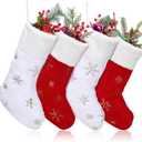 4 Pcs Snowflake Plush Hanging Stocking Christmas Snowy Stockings Hanging Ornaments Golden Glitter Snowflake Hanging Stocking for Mantels, Christmas Tree Family Holiday Decor, Red and White