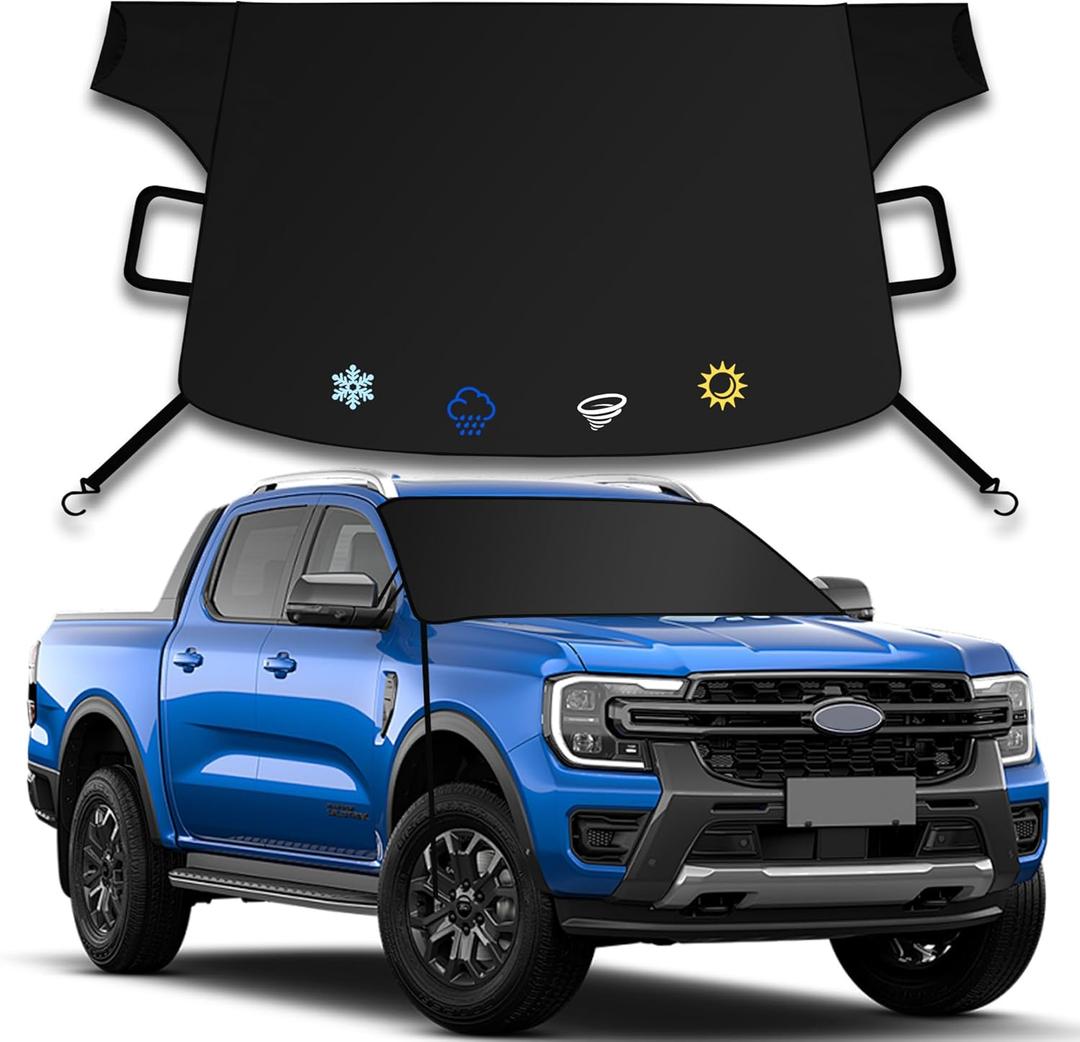 Windshield Cover for Ice and Snow,New Upgraded Heavy Duty Windshield Snow Cover,Extra Large Size (75"x45"),Windproof Winter Frost and Deicing Awning Suitable Fzor Cars, Trucks, SUVs (Black Grey)