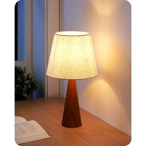EDISHINE 13.58" Small Table Lamp, Wooden Bedside Lamp with Beige Linen Lampshade, Space-Saving Nightstand Lamp for Nursery Kids Room Bedroom Living Room, E26, ON-Off Button, Dark Rosewood Base
