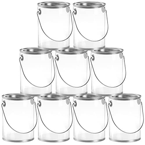 Hedume 9 Pack Clear Paint Can Containers with Metal Lids, 5 Inches Tall Empty Paint Storage Cans, Quart Size Decorative Faux Paint Pails, Great for Party Favors, Decor and DIY
