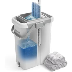 JOYMOOP Mop and Bucket Set Hands-Free Flat Floor Mop for Household and Commercial Use, with 3 Washable Microfiber Pads, Wet and Dry Cleaning System, Ideal for Home and Office Floors