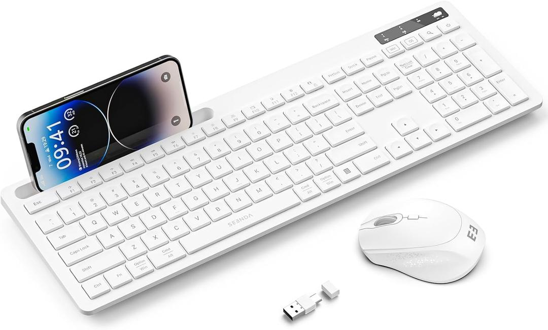 White Keyboard and Mouse Wireless, seenda Full-Size Keyboard with Phone Holder USB A & Type C Receiver 2.4G Silent USB Keyboard Mouse Compatible for Macbook and Windows Computer/ Desktop/ Laptop