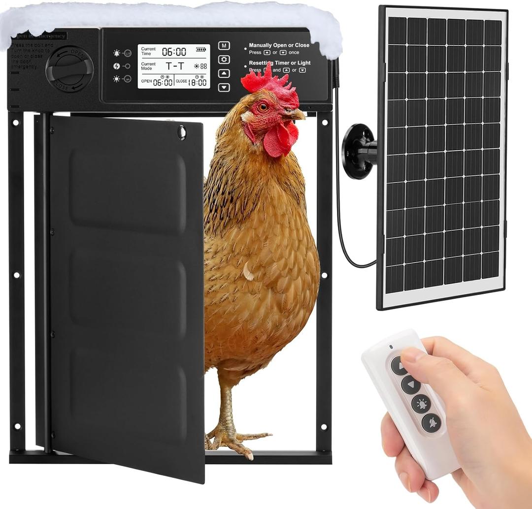 Automatic Chicken Coop Door Solar Powered, Cold Weather Electric Chicken Door Large Size Aluminum Door with Light Sensor & Timer with Power Off Emergency Mode Black