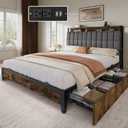 DWVO Full Size Bed Frame, Upholstered Platform Bed Frame with Charging Station/4 Drawers, Storage Headboard Metal Bed Frame Strong Wooden Slats, No Box Spring Needed, Fast Assembly, Rustic Brown