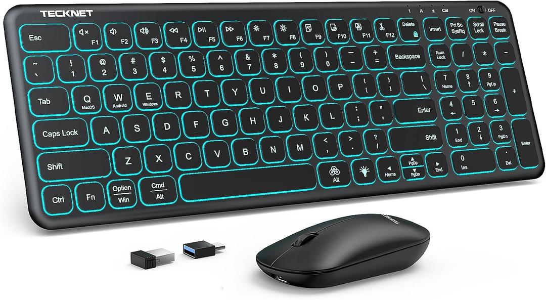 TECKNET Wireless Keyboard and Mouse Combo Backlit - Light Up Letters, Rechargeable & Compact Slim, Silent Key, Sleep Mode, 2.4 GHz Stable Connection Keyboard and Mouse for Mac, Windows, Laptop, PC