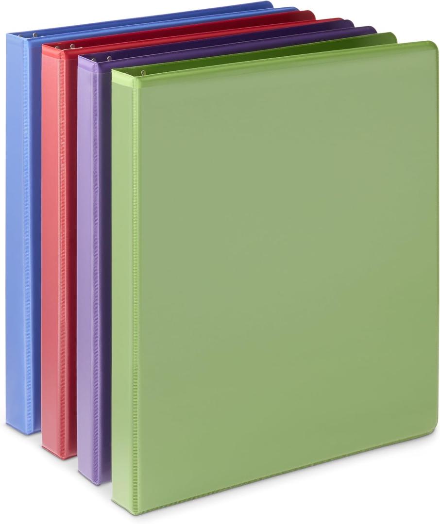 Amazon Basics Economy 3 Ring Binder, 1/2 Inch D-Ring, Easy Lock and Release, Holds up to 120 Sheets, 2 Pockets, Assorted Colors, 4-Pack
