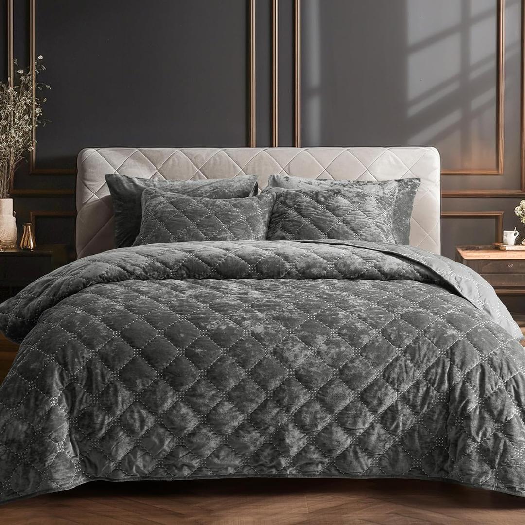 PHF Luxury Velvet Quilt Set King Size, Lightweight Velvet Comforter, Ultra Soft Cross Stich Quilted Bedding Set for, Home Decor Bedspread 108" x 92"with 2 Pillow Shams 20" x 36", Grey