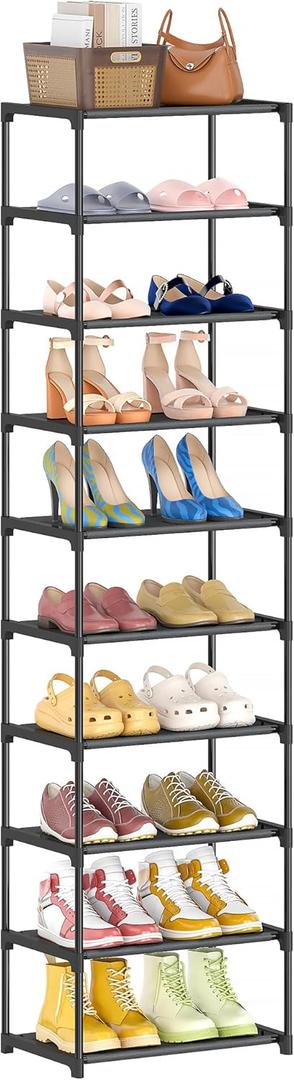 10 Tier Tall Shoe Rack, Non-Woven Fabrics Compact Narrow Shoe Stand Shelf, Vertical Small Space Saving Storage Organizer for Closet Floor, Front Door Entrance, Entryway, Black