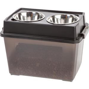 IRIS USA 2-in-1 Elevated Dog Bowls 6" H with Airtight Pet Food Storage Container Holds Up to 47 Lbs, Removable 4 Thick 16 oz Stainless Steel Bowls, at Home or Camping Pet Dish Bowl Set, Smoke/Black