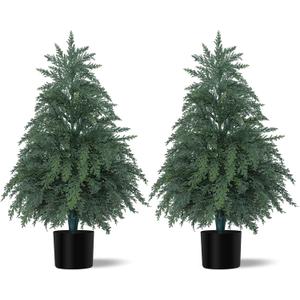 2Pack Artificial Topiary Trees, 2FT Faux Cypress, Faux Evergreen Pine Shrubs Plants with Pot, Potted Plants for Front Porch Indoor Outdoor Garden Christmas Decor