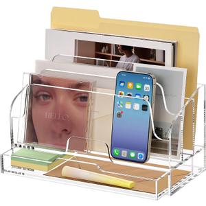 SANRUI Clear Desk Organizer Holder with Drawers, Acrylic Desktop Manila folders File Mail Sorter Box, Office Desk Accessories & Workspace Envelope Bill Letter Organization Racks, 3 Compartments