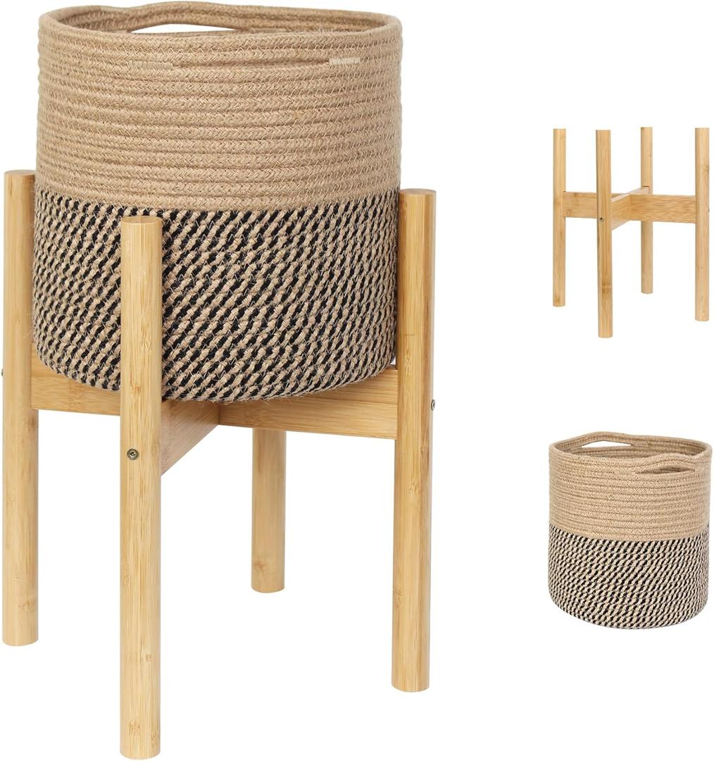 Plant Basket with Stand, Indoor Round Wicker Basket Plant with Bamboo Wood Stand, Decorative Woven Rope Flower Indoor Planter with Legs, Boho Bamboo Wood Planter Holder (Jute Black Stripes)