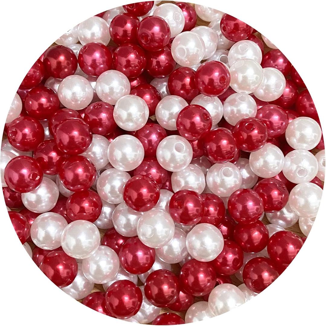 200pcs 10mm Pearl Beads Satin Luste Round Loose Plastic Pearl Craft Beads for Jewelry Making Earring Bracelet Necklace Key Chains Sewing Crafts Decoration (Red/White)