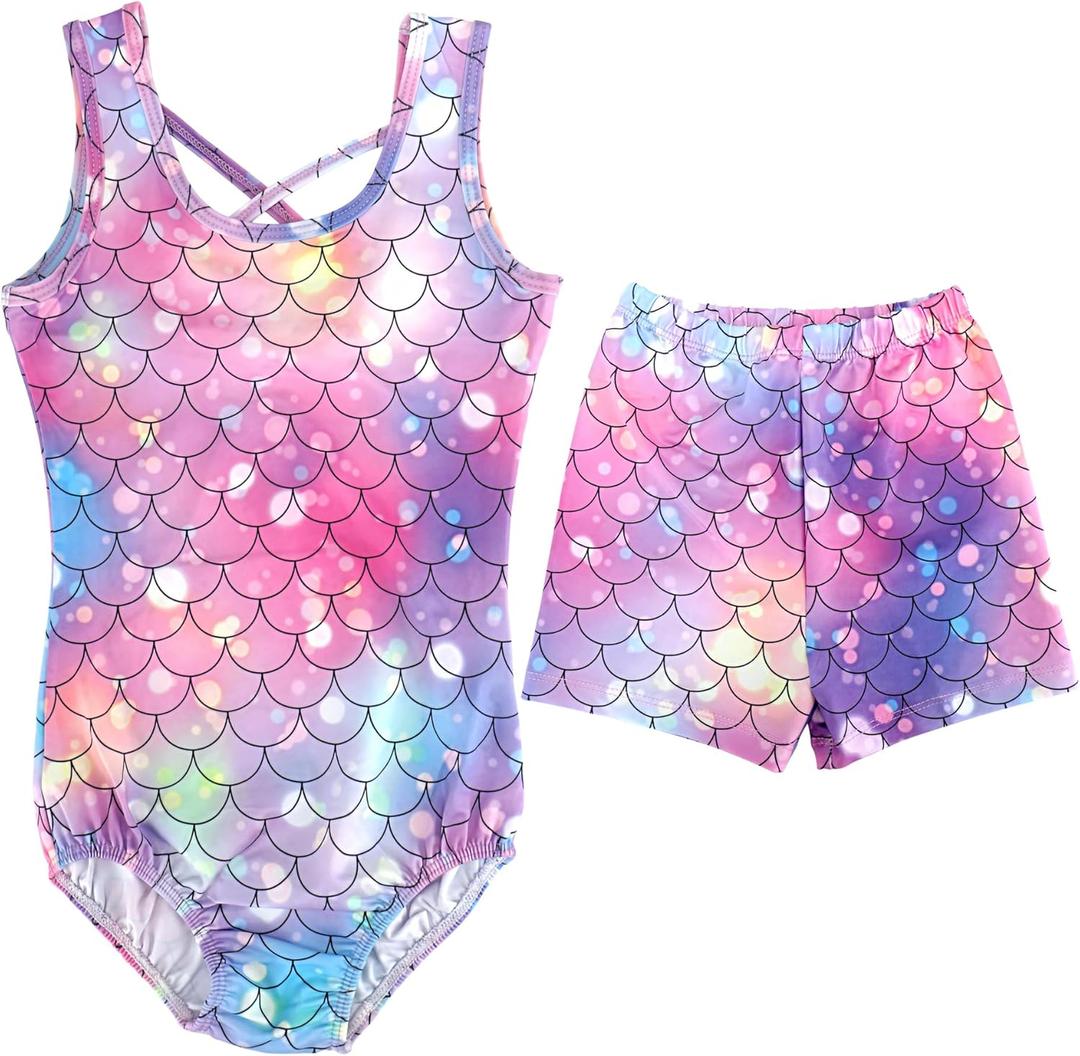 Mermaid Gymnastics Leotards for Girls 4-13 Years Old Toddler Kids Dance Tumbling Outfit Matching Shorts Set Birthday Gifts (Sk36)