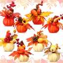 8 Pcs Thanksgiving Pumpkin Decor Set Fall Table Centerpieces Fake Pumpkin Berry Acorn Pine Cone Maple Leaves for Autumn Thanksgiving Home Table Decorations (Orange,Beige)