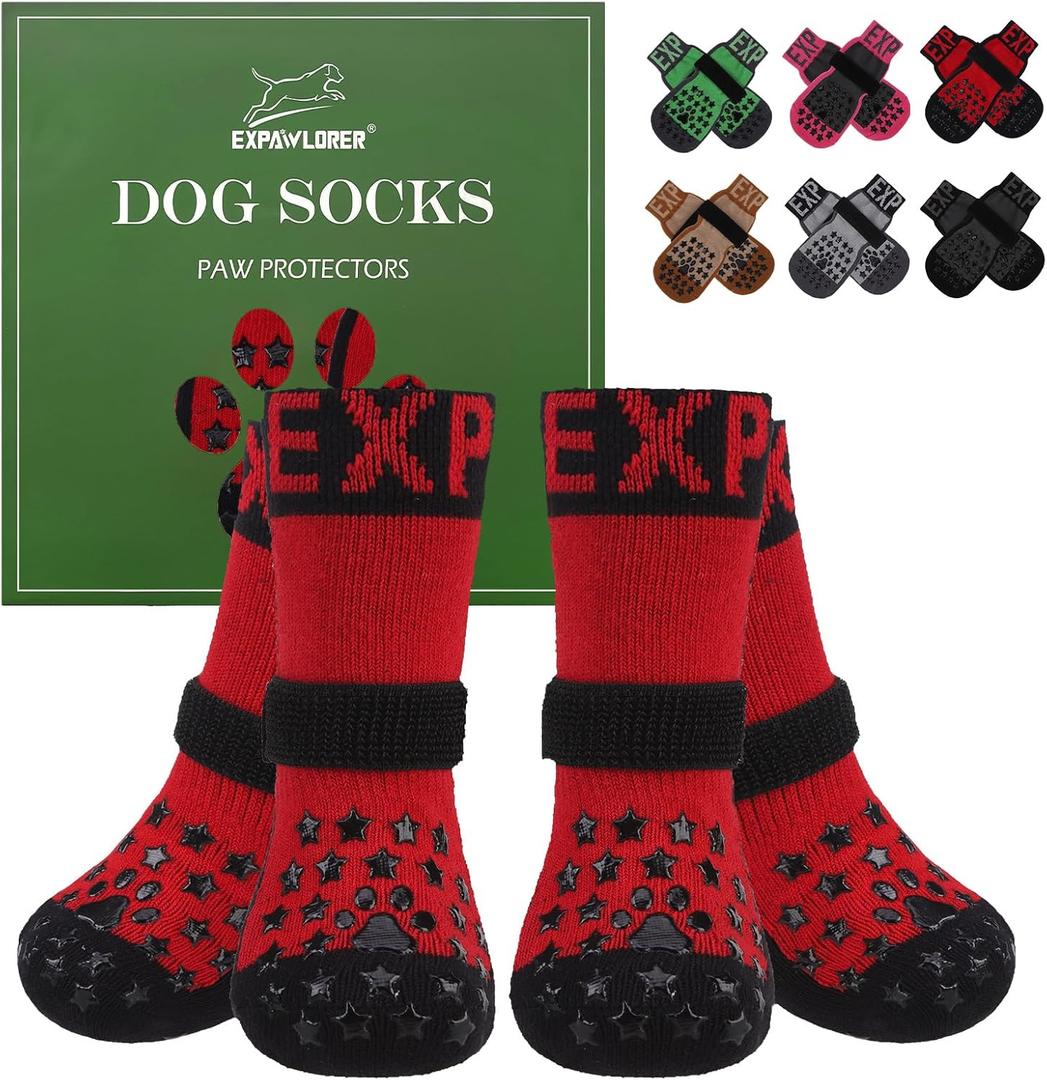 EXPAWLORER Anti Slip Dog Socks to Prevent Licking Paws, Dog Shoes for Cold Winter, Dog Booties for Hardwood Floors, Dog Boots & Paw Protectors with Grippers for Small Medium Large Senior Dogs Blue M