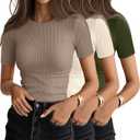 Ficerd 3 Pack Women's Ribbed T-Shirts, Cotton Short Sleeve Basic Tees Crewneck Fitted Tops Casual Shirts 2026 Summer Trendy (Large, Army Green, Light Beige, Light Khaki)