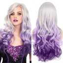 Long Curly Wavy Silver Grey to Purple Wig Side Part Natural Looking Synthetic Cosplay Wig for Women