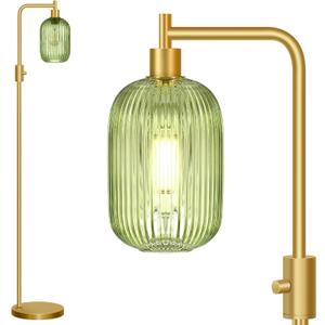 Upgraded Dimmable Glass Floor Lamp for Living Room, Modern Gold Standing Lamp with Green Ribbed Glass Lampshade & Knob Dimmer, Arc Tall Lamp for Bedroom Office Reading Room, 2700K Led Bulb Included