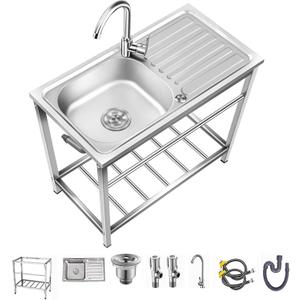 Outdoor Utility Sink, Free Standing Stainless Steel Laundry Tub, Single Bowl Portable Washing Hand Basin Station, Fish Cleaning Table & Storage Shelves for Garage, Restaurant, Kitchen, Camping, Backyard (29.5*15.7*29.5in, Single layer)