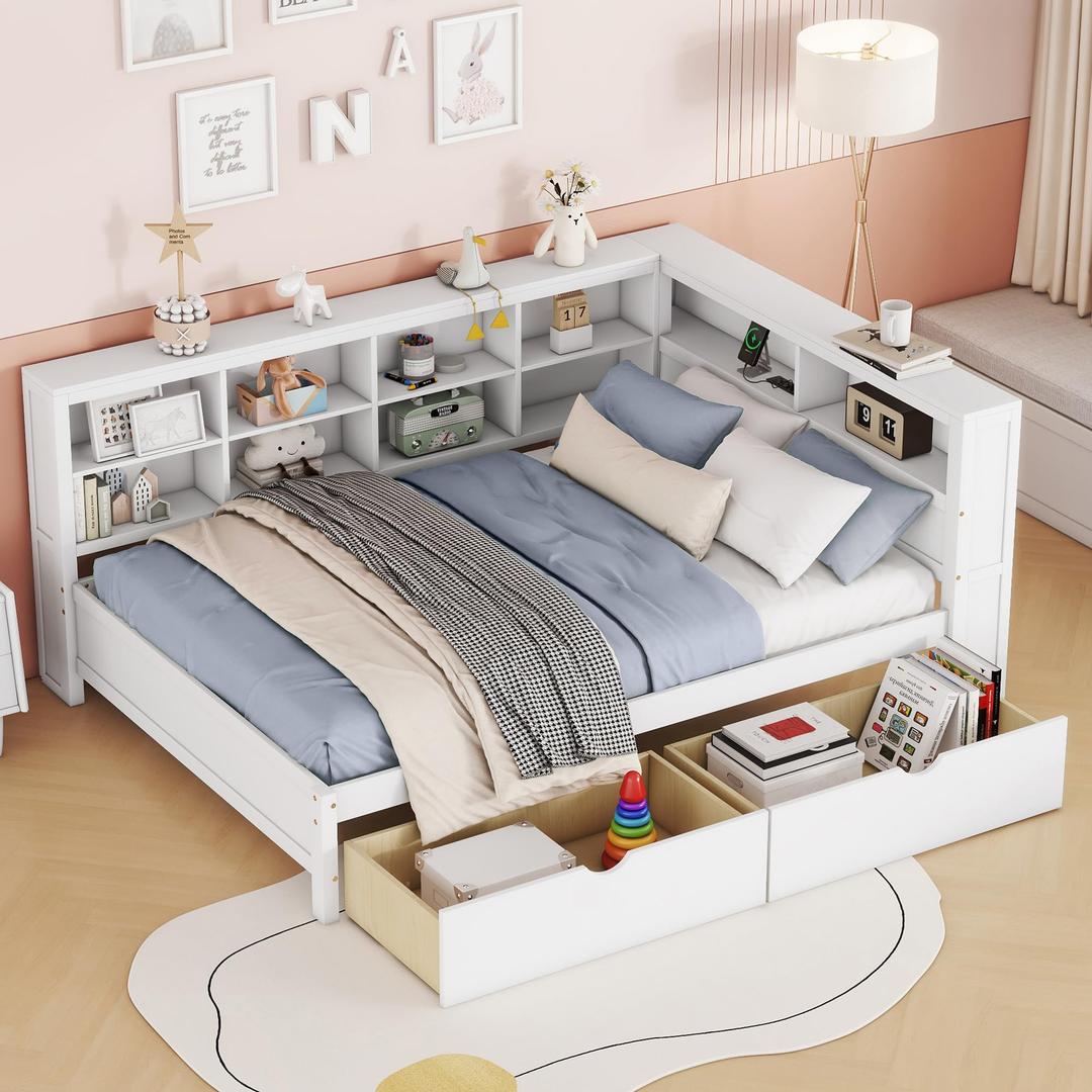Ball & Cast Full Size Daybed W/Storage,Day Bed W/ 2 Drawers & USB Charging Ports,Sofa Bed W/Storage Shelf,No Box Spring Needed,for Bedroom,Guest Room,White