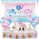 Baby Gender Reveal Decorations, Large Vinyl Backdrop Banner, Blue Pink and Confetti Balloons, Tassels Banner, Triangle Flag Banner and Cake Topper