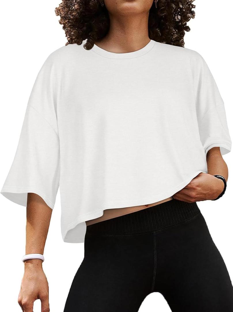 Summer Crop Tops for Womens Casual Half Sleeve Top Loose Fit Short Sleeve T Shirts Workout Oversized Tees (Medium)