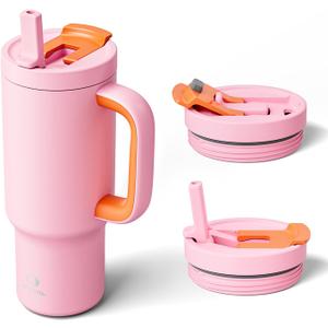 ENCOOL 32 oz Tumbler with Handle and Flip Straw, 100% Resistant Tumbler with Lid and Straw, Insulated Stainless Steel Travel Coffee Mug, Keeps Cold for 24 Hours, Cup Holder Friendly (Blush)