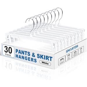 Smartor Skirt Hangers with 360 Swivel Hook, 30 Pack White Pants Hangers for Skirts, Shorts, Jeans & Slacks, Space-Saving Closet Organizer with Strong Grip Clips