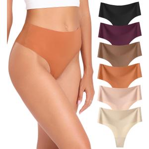 Wealurre Womens Underwear High Waisted Seamless Thongs for Women Breathable No Show Panties for Ladies 6 Pack (L)