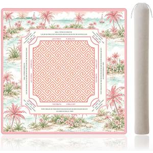 Pink Tropical Island Mahjong Mat for Table with Rules | 31.5x31.5 Inch; waterproof neoprene surface, non-slip backing, rules guide for smooth palm beach American mah jongg play