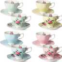 BTaT- Floral Tea Cups and Saucers Set of 8 (8 oz), Porcelain Tea Cup Sets, Assorted Colors with Gold Trim & Gift Box, Dishwasher Safe