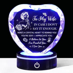 ROKY&Chao Laser Engraved to My Wife Crystal Heart Gift with Color-Changing LED Base - Anniversary Birthday Present for Wife, 6 Light Modes, USB & Battery Powered Keepsake