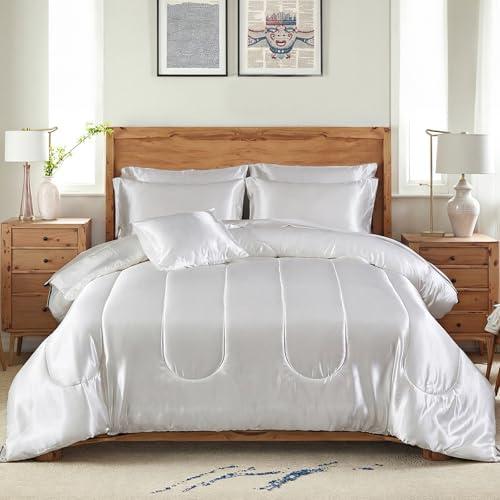 Bedding_Dreamer Silk Like White Comforter Set with Sheet Set Queen Size 8 Pieces Satin Bedding Set Silky Bed-in-a-Bag Luxury Hotel Soft Silky Comforter Set with 1 Cushion Cover Vegan Silky Bed Set