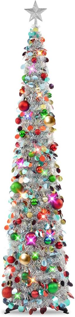 N&T NIETING Pop Up Christmas Tree with Lights, Collapsible Tinsel Xmas Tree Decorations, Pencil Christmas Tree Skinny Tree for Holiday Xmas Home Office Decor, 40 Balls, 6Ft, Silver